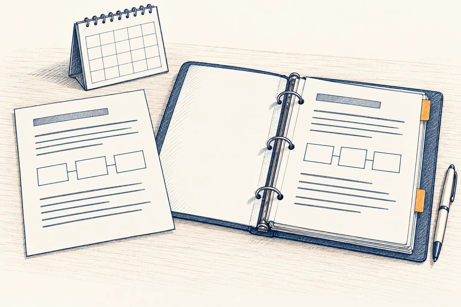 An open course binder holds a revised lesson sheet beside an older sheet, a pen and a blank desk calendar