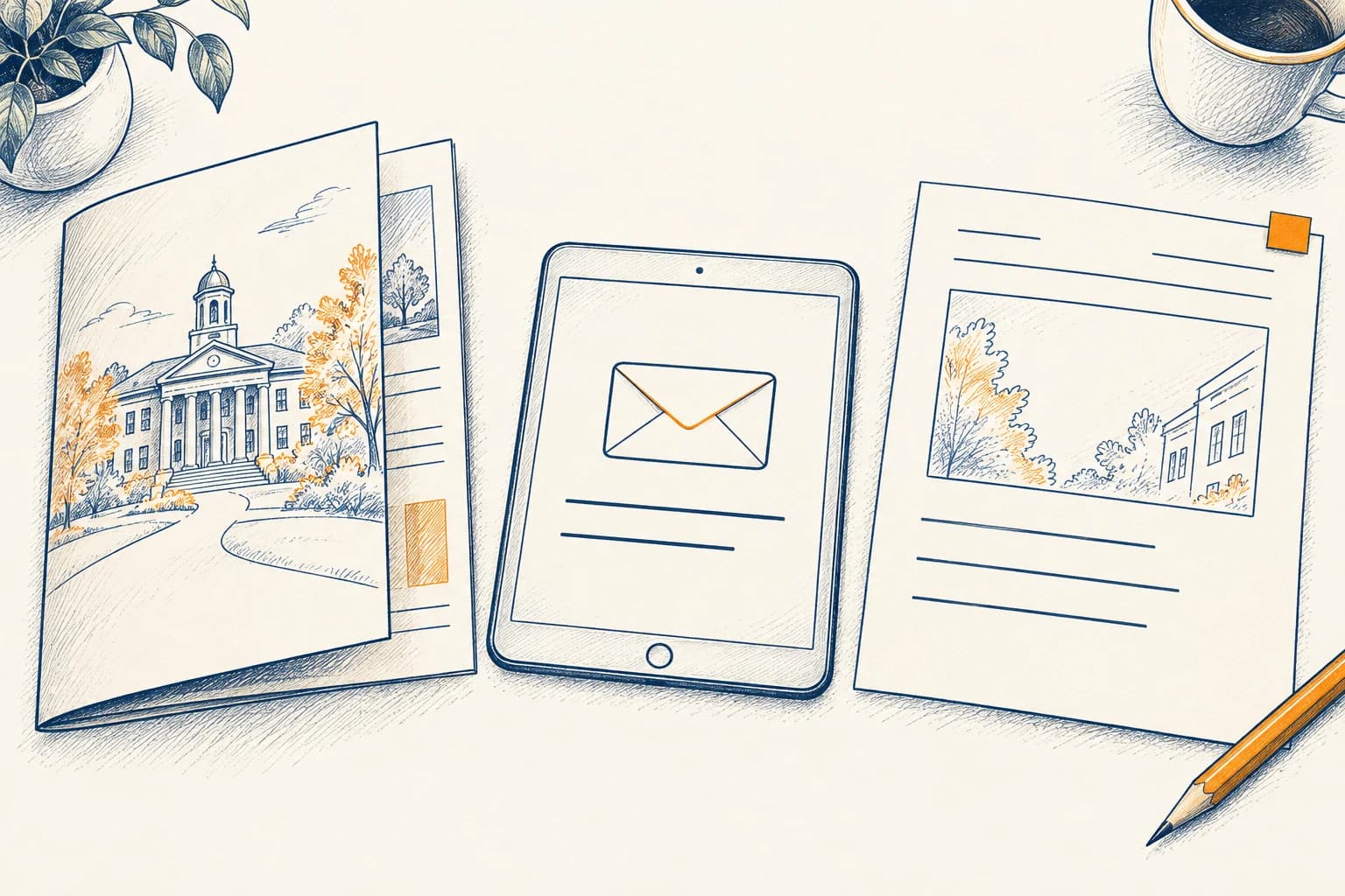 A paper course brochure, a tablet showing an envelope symbol and a course announcement sheet illustrate three promotion formats