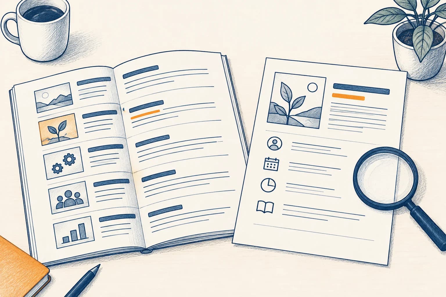 An open course catalog sits beside a separate course detail sheet with a short orange-underlined line