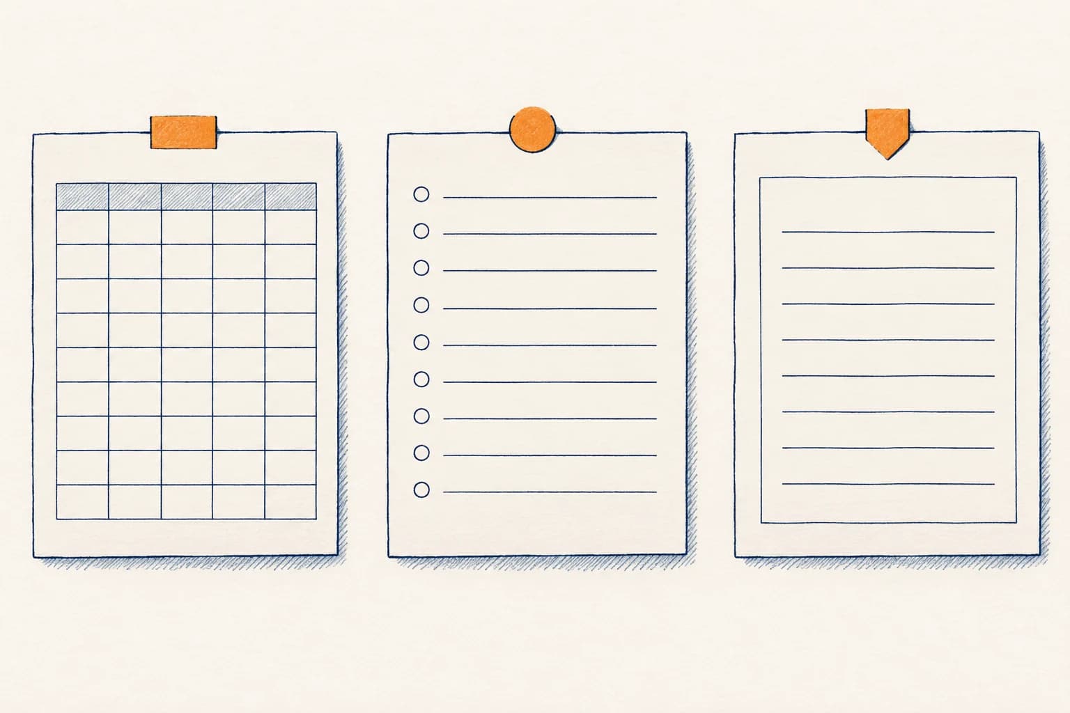 Three separate learning-record sheets use different layouts and orange tabs, without arrows connecting them