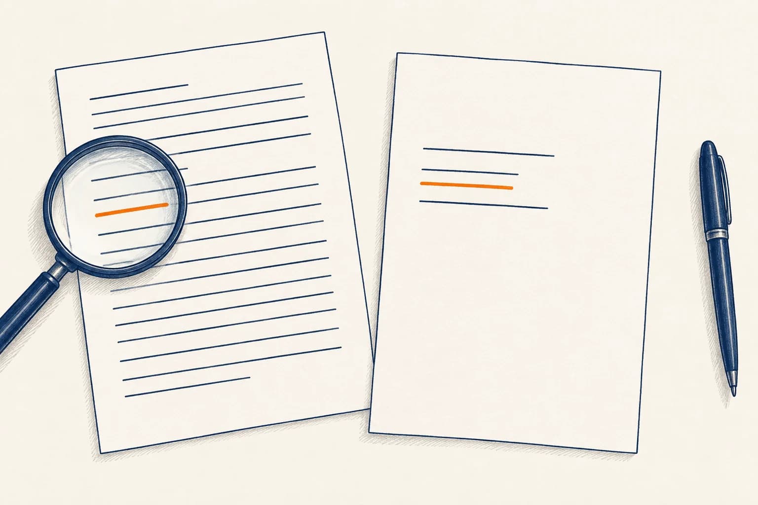 A source sheet and a draft description each show one orange-underlined line beside a magnifying glass and ballpoint pen