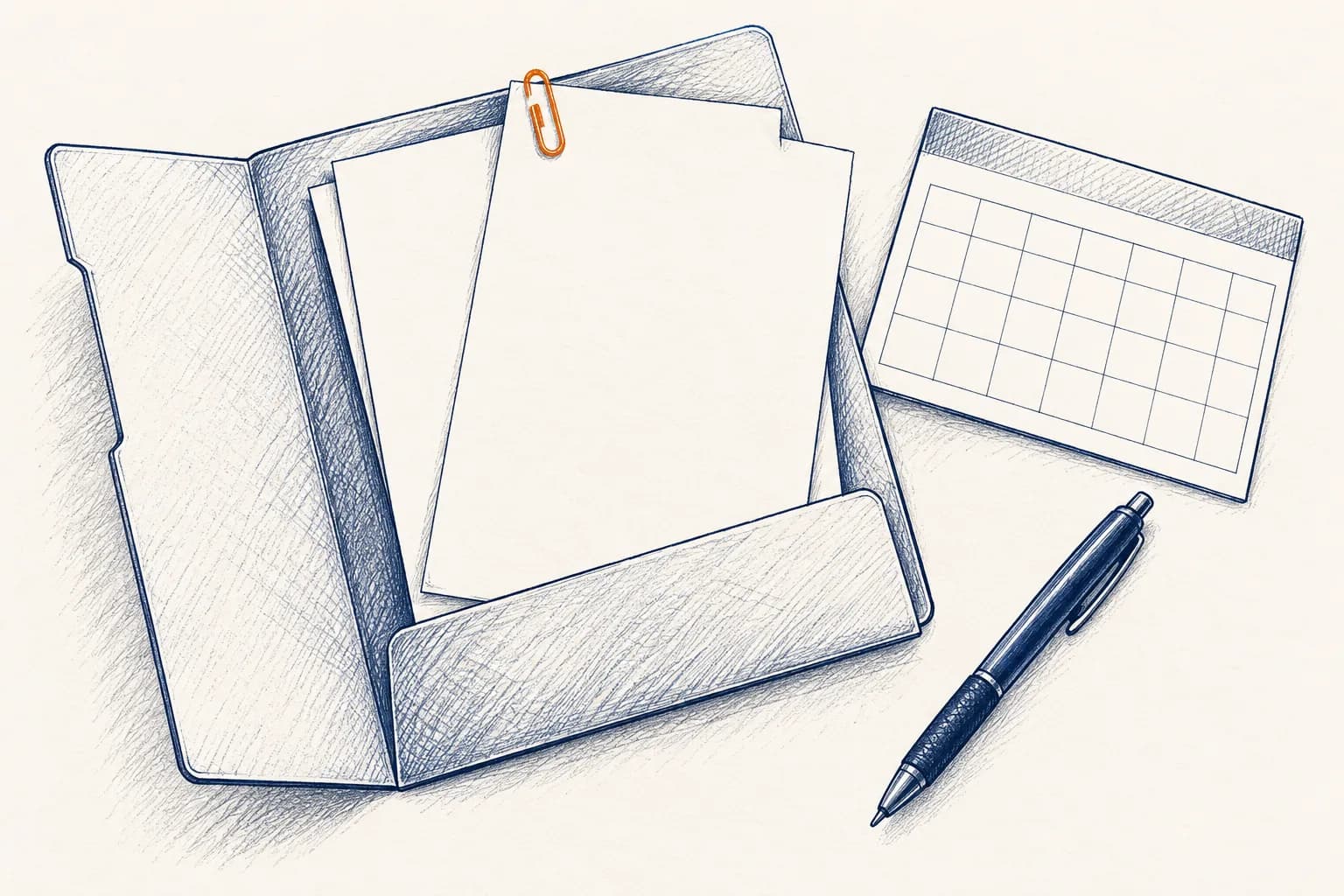 An open folder holds two sheets beside a pen and a blank calendar card, with one orange paperclip
