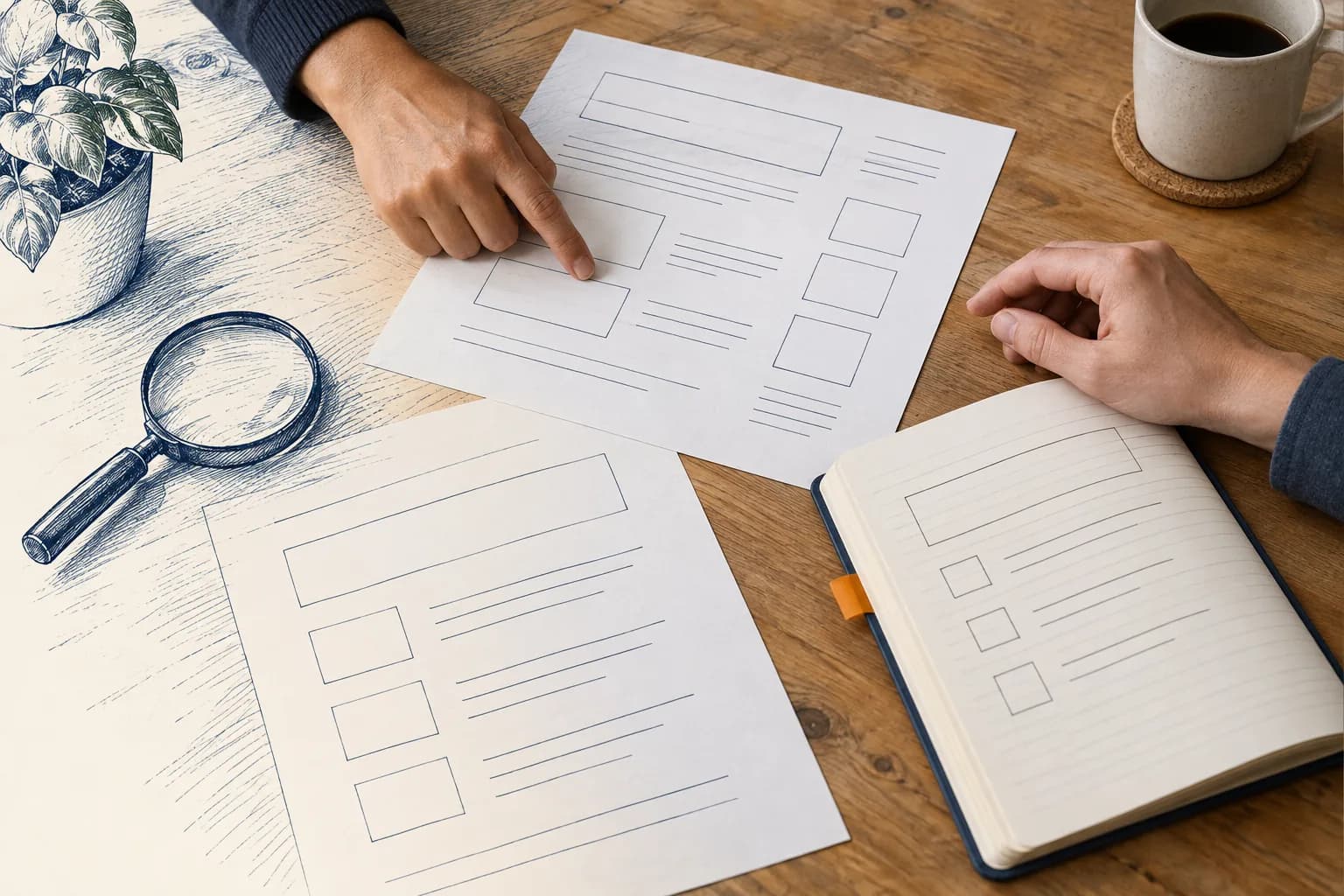 Two course-material sheets and an open notebook sit beside a magnifying glass, with no approval stamp or rating