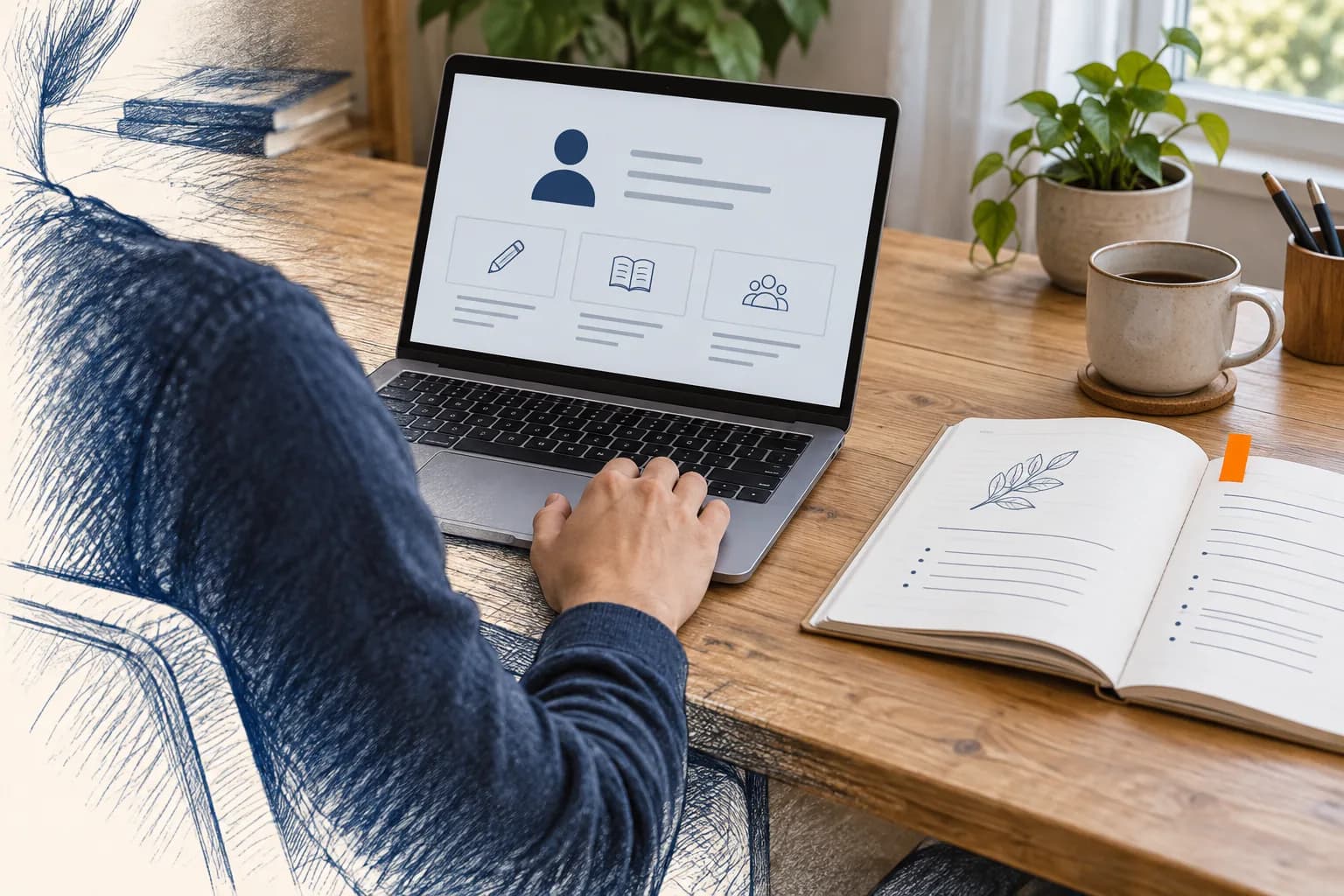 A laptop displays an abstract course page and instructor profile beside an open course booklet