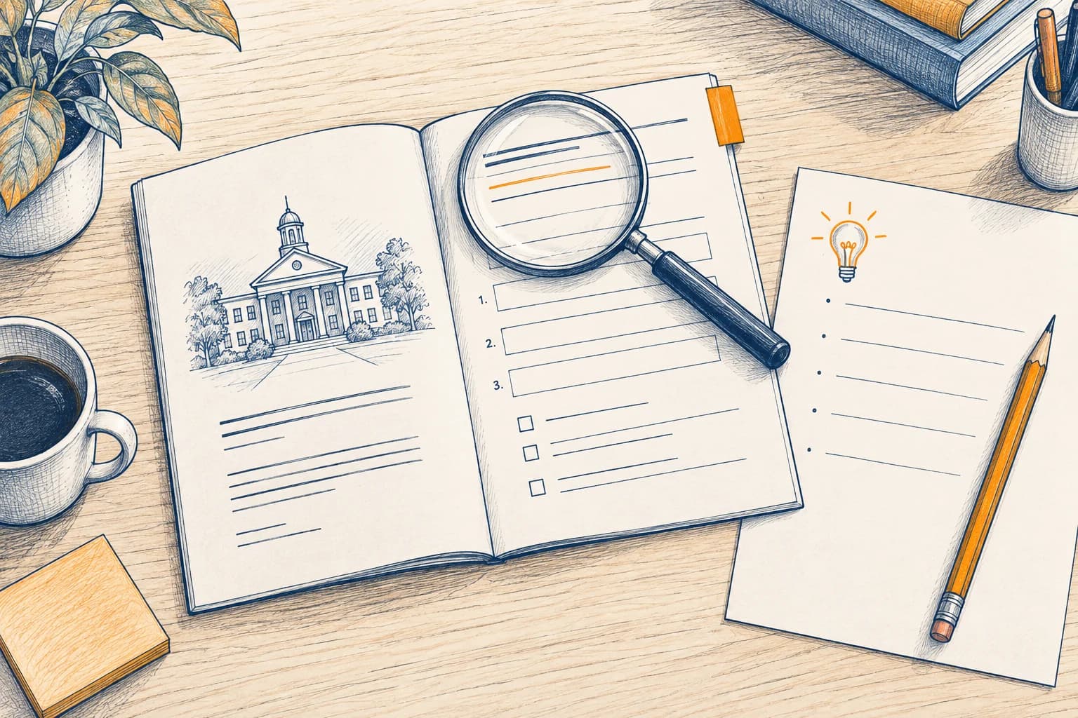 A magnifying glass rests over a college instruction booklet beside a separate course-idea sheet