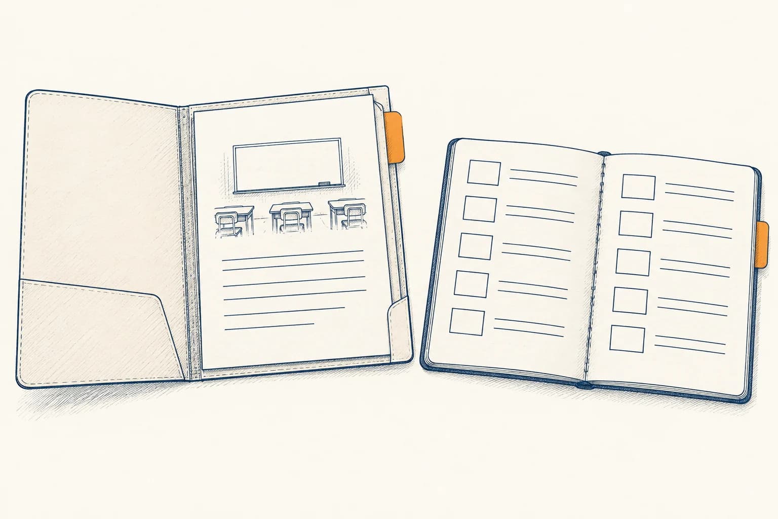 A teaching-proposal folder and a separate program-planning notebook sit side by side with distinct orange tabs