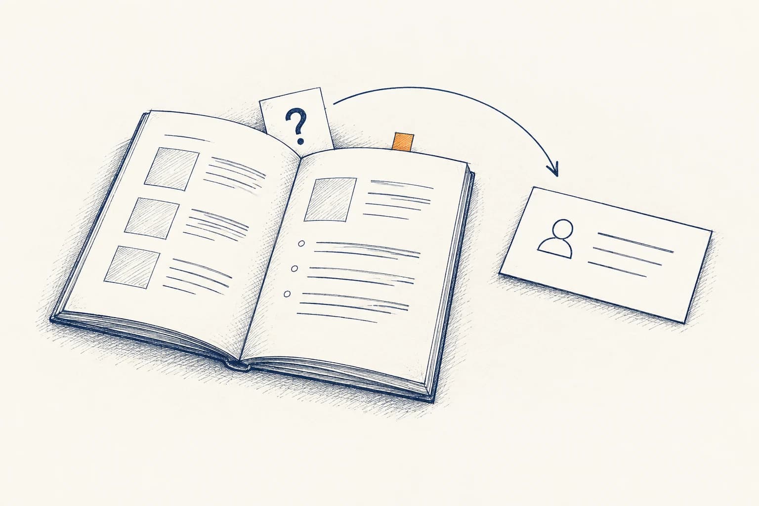 A question slip in an open course guide points toward a separate contact-information card