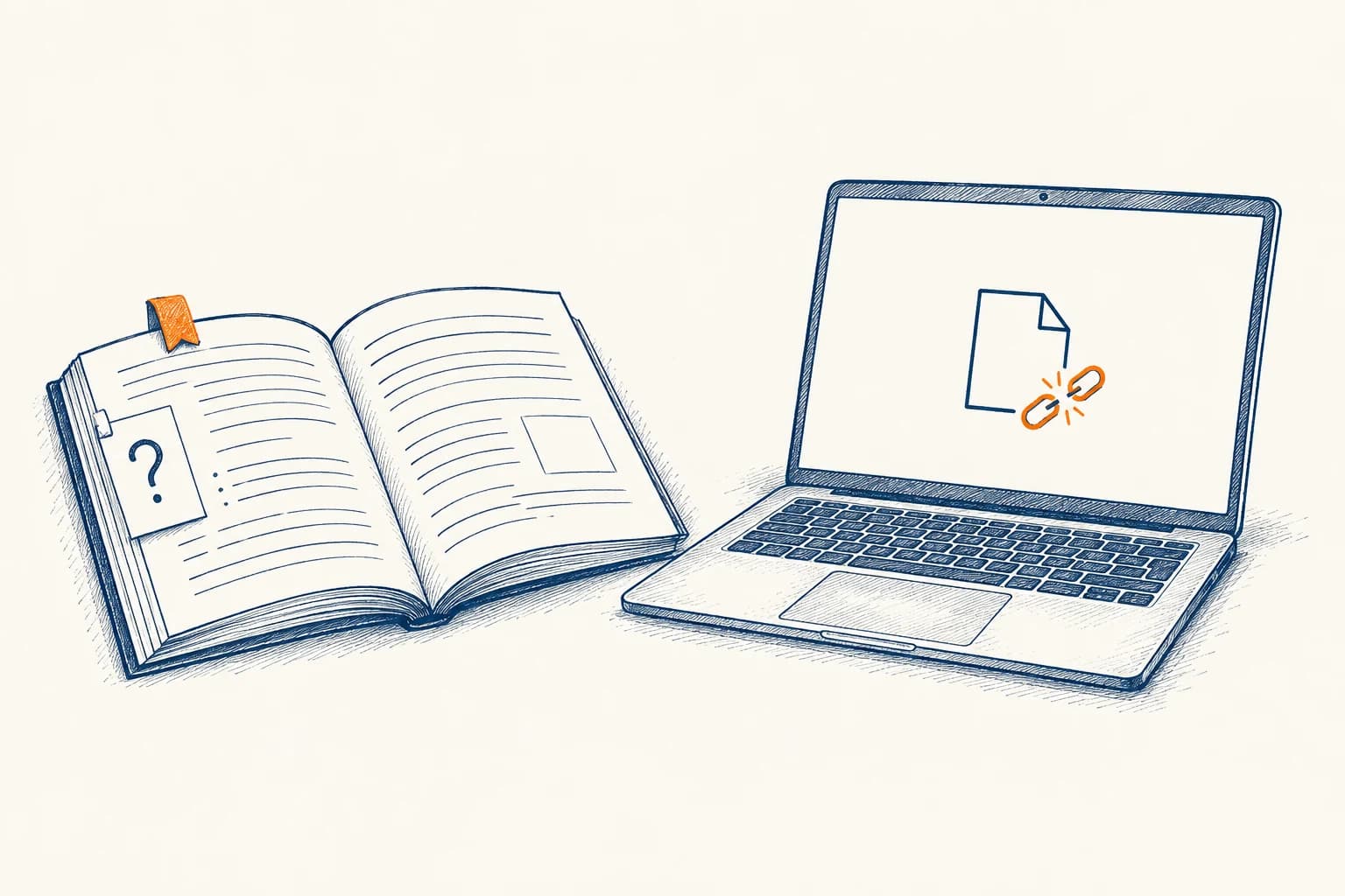 An open lesson booklet with a question slip sits beside a laptop showing a file and a broken-link symbol