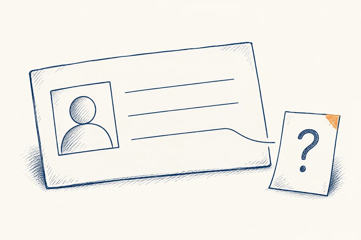 An unfilled contact card connects to a separate question note