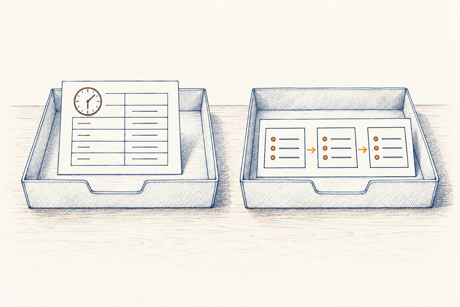 Two open paper trays separate a time-table card from a strip of ordered activities
