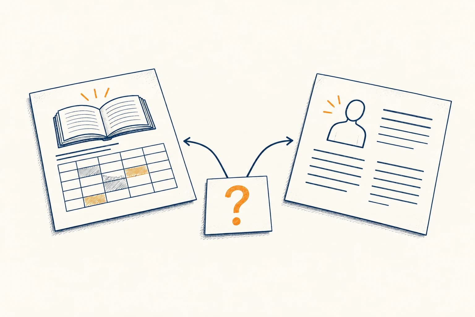 A question card branches toward an introductory explanation sheet and a course-description card, with neither route selected