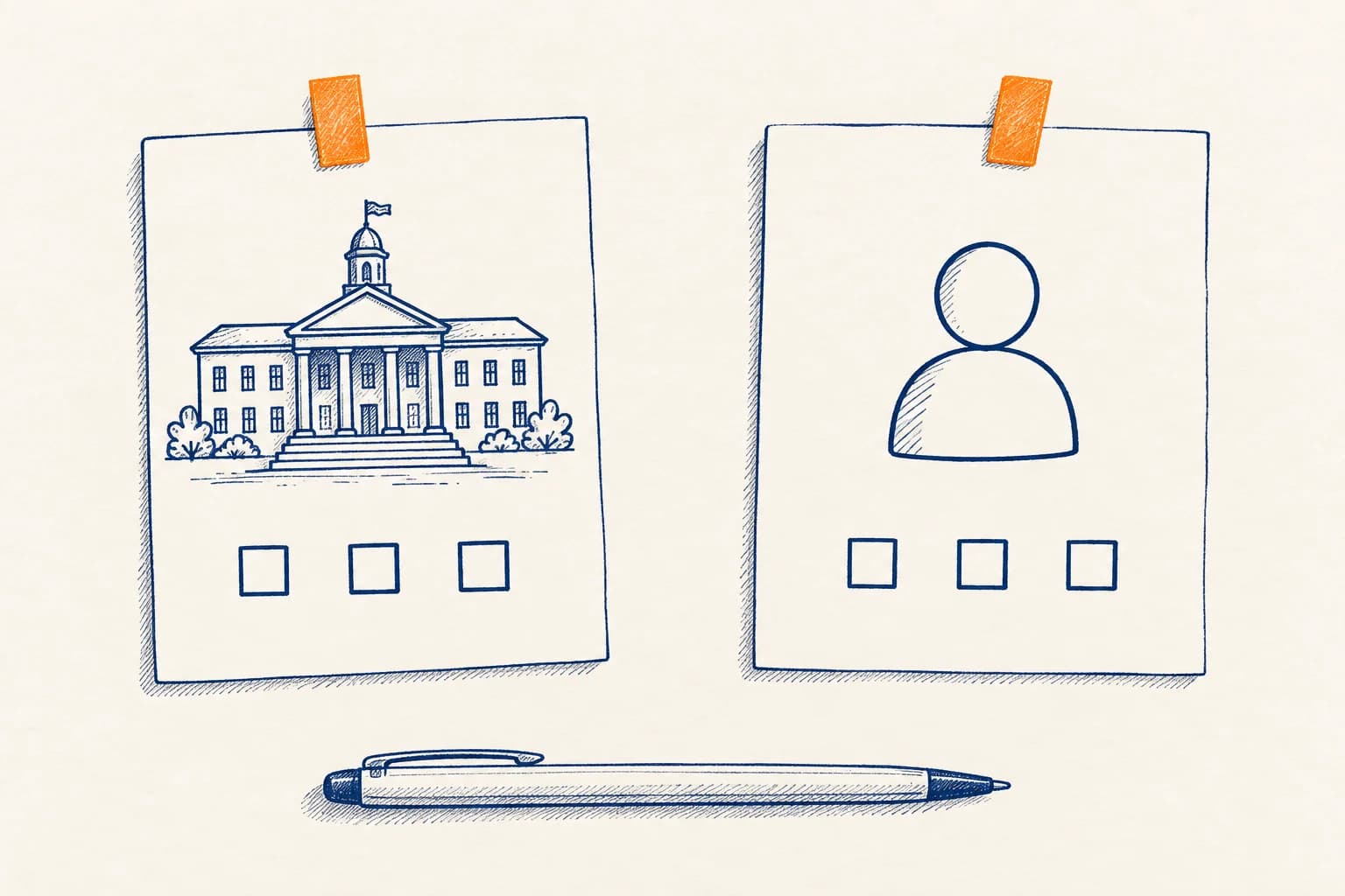 Separate cards show a college and a student symbol, each above three empty checkboxes