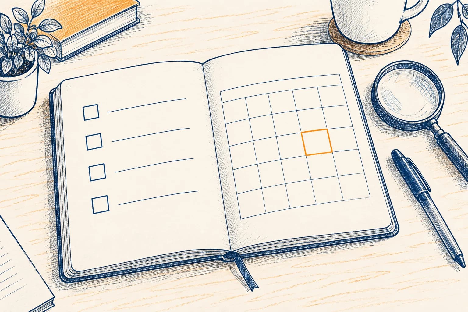 An open notebook holds four empty checklist boxes beside an unnumbered calendar grid, a magnifying glass and a pen