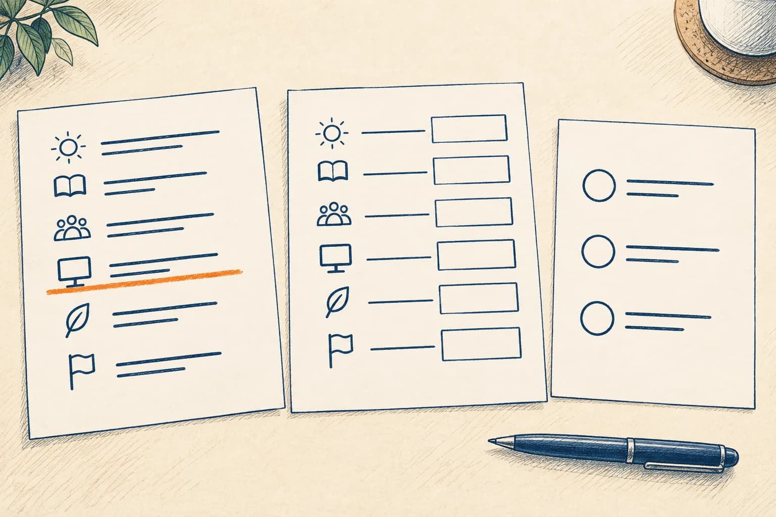 An example sheet, a practice sheet with empty fields and a separate scoring guide are arranged side by side