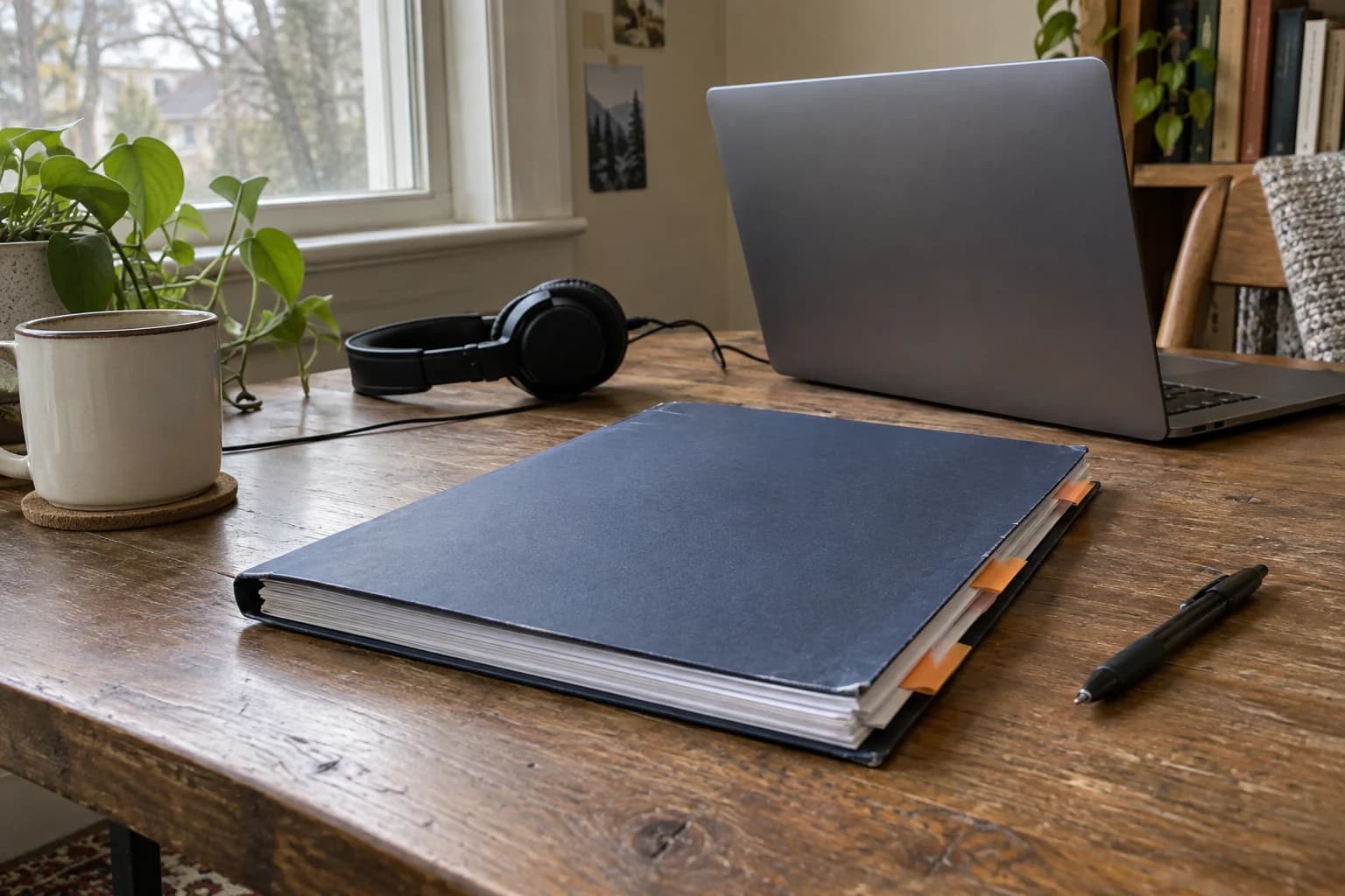 A navy course folder with orange tabs rests beside a laptop, headphones and pen on a wooden desk