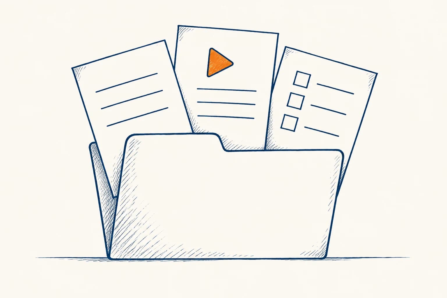 An open folder holds three sheets representing a course guide, lesson media and practice tasks