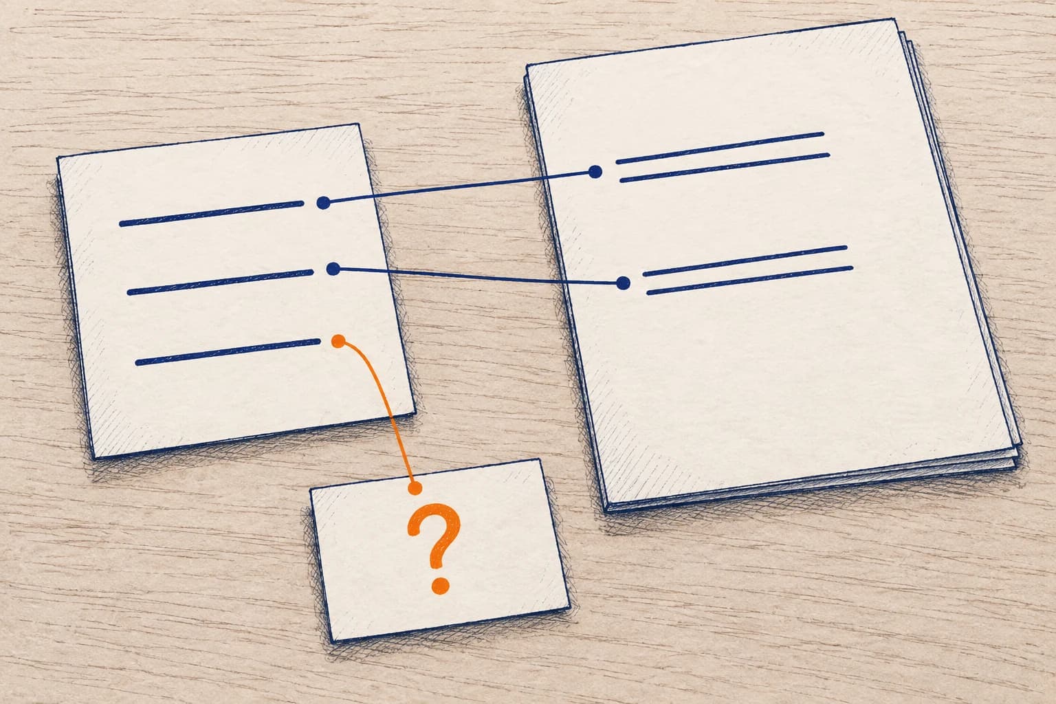 Two description lines connect to source material while an unmatched line leads to a separate question card