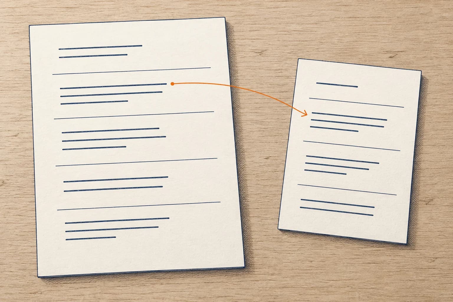 A course fact sheet connects by a fine annotation line to a shorter learner-facing description card