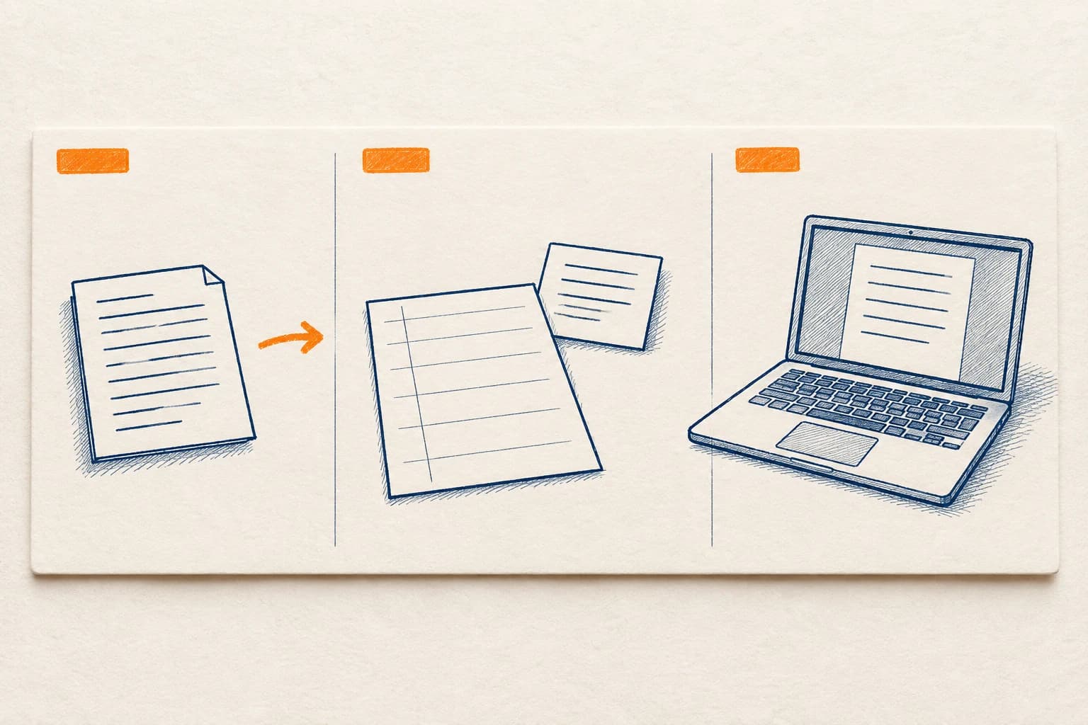 A course card separates a handover note, a practice worksheet and an open laptop into three areas