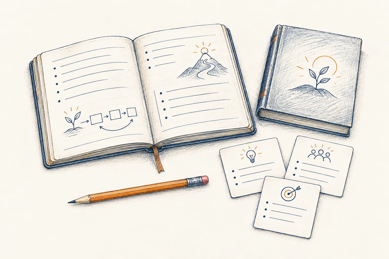 An expert’s teaching materials beside an open lesson notebook