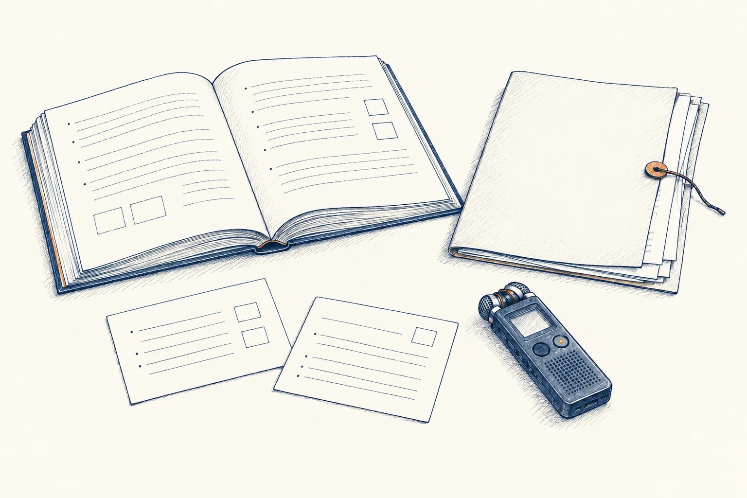 A book, workshop notes, exercise cards and a recording device gathered for a first conversation