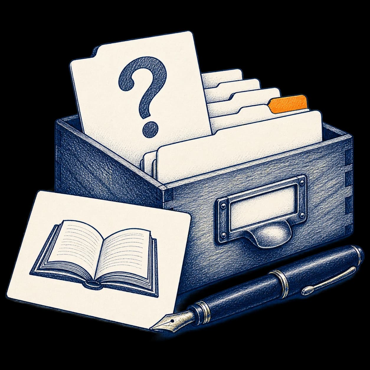 An index of questions beside a pen and an open-book card