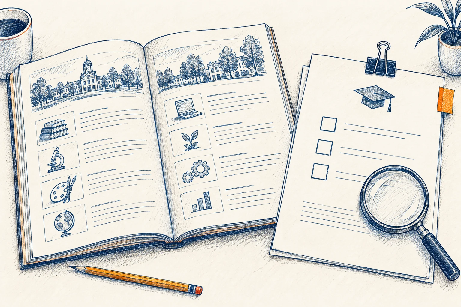An open college catalog sits beside a separate eligibility checklist with empty boxes and a magnifying glass