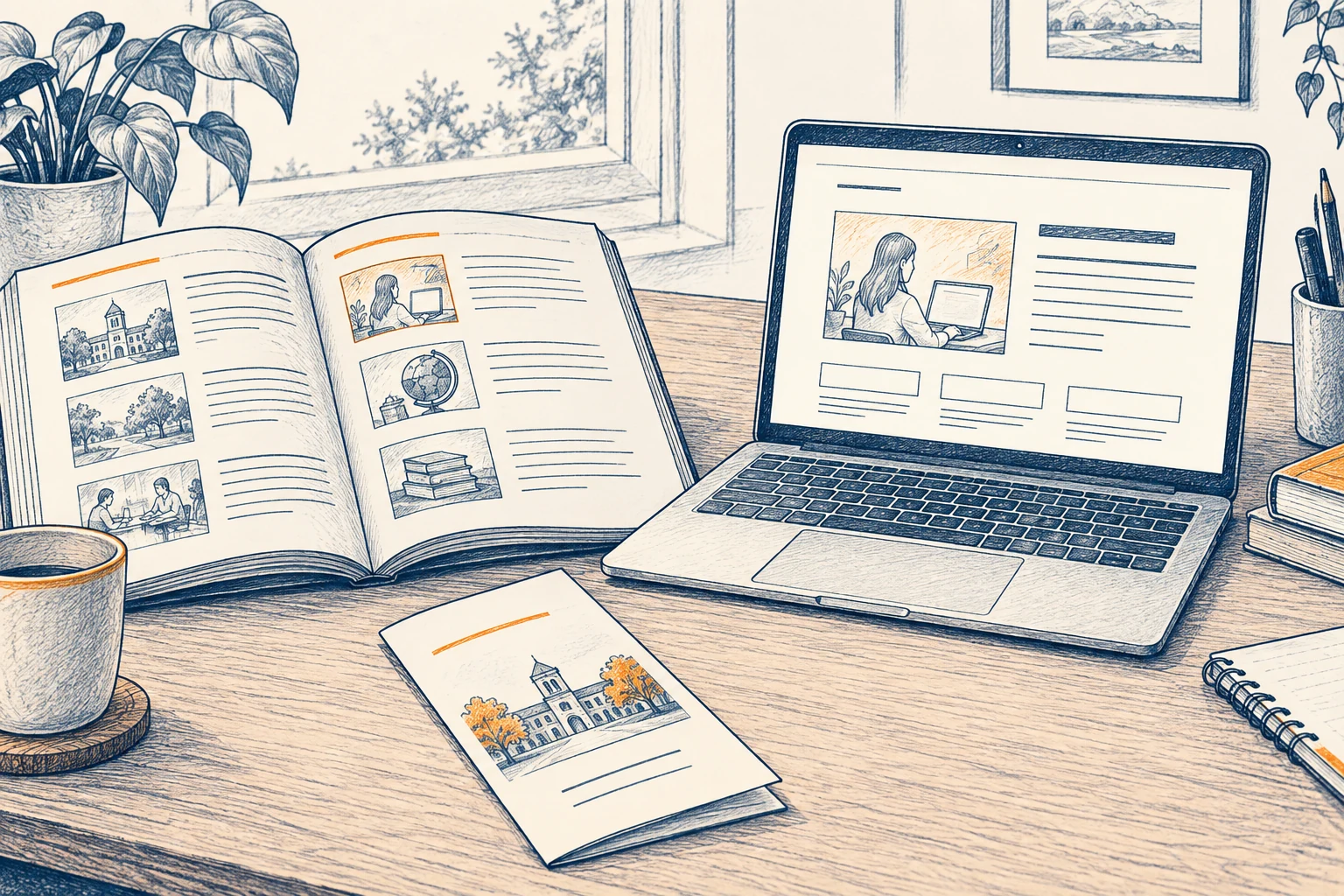 An open course catalog, a laptop with an abstract course page and a folded brochure sit together on a desk