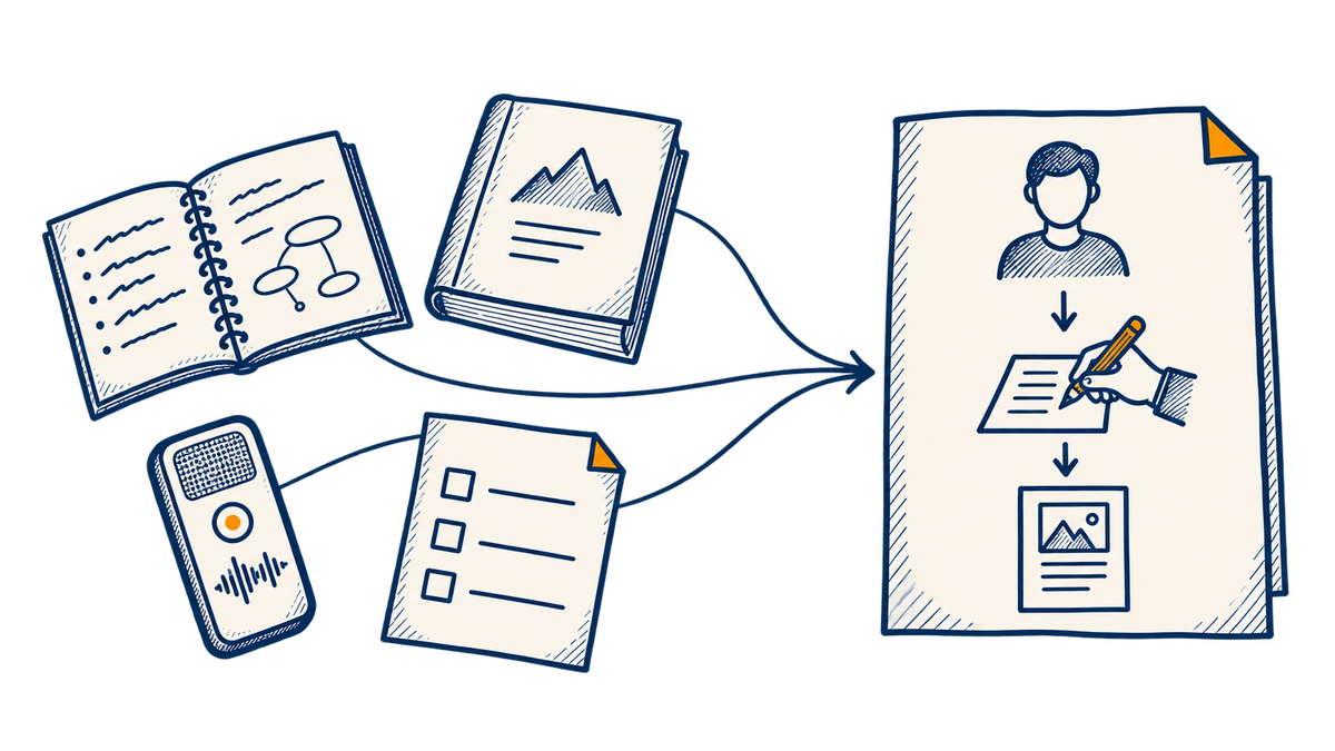 Expert notes, recordings, and working material being shaped into an organized learning program