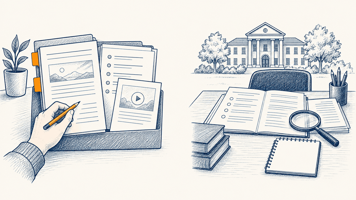 A course folder is prepared on one side; a separate college desk holds review criteria and an unwritten decision note