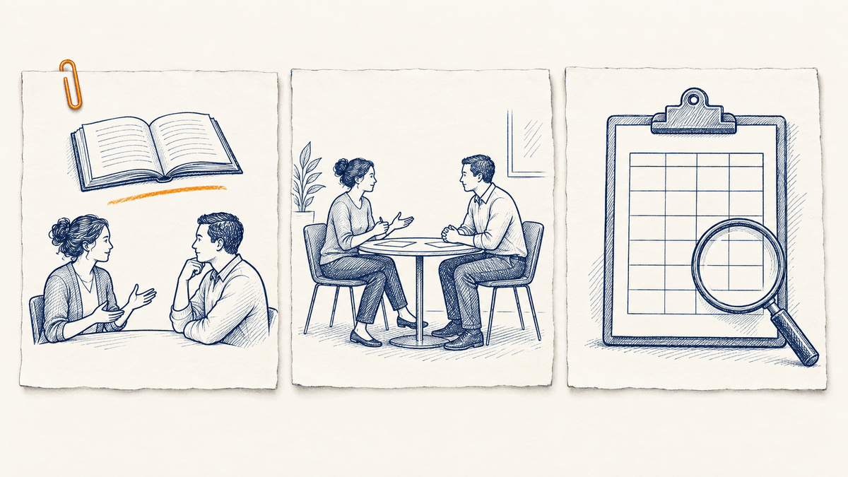 Three illustrated cards show a conversation lesson, two people practicing a conversation, and a rubric used to examine their work