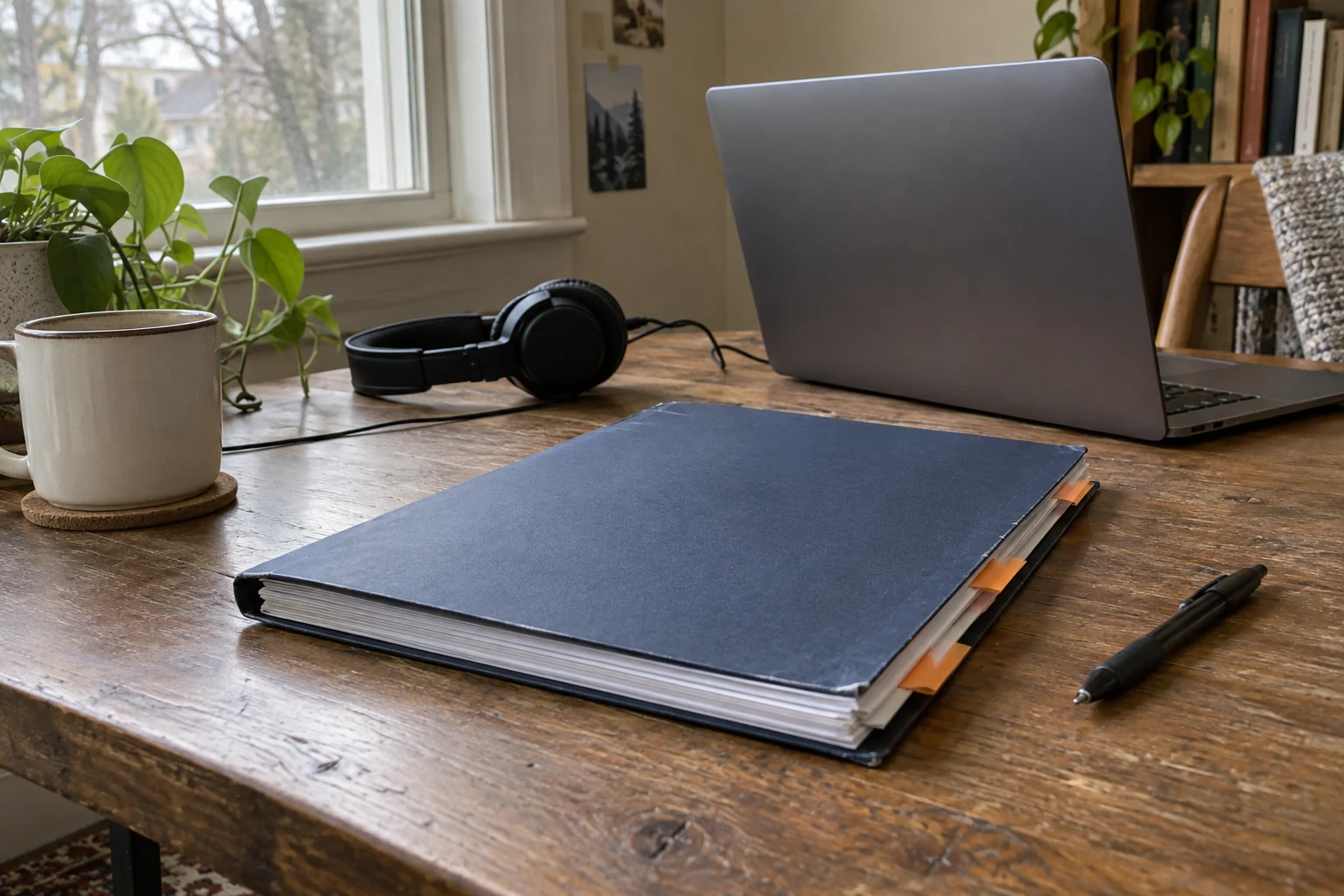 A navy course folder with orange tabs rests beside a laptop, headphones and pen on a wooden desk