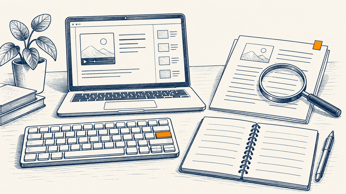 A laptop lesson, separate keyboard, paper handout, magnifying glass, and notebook are arranged for a first accessibility inspection