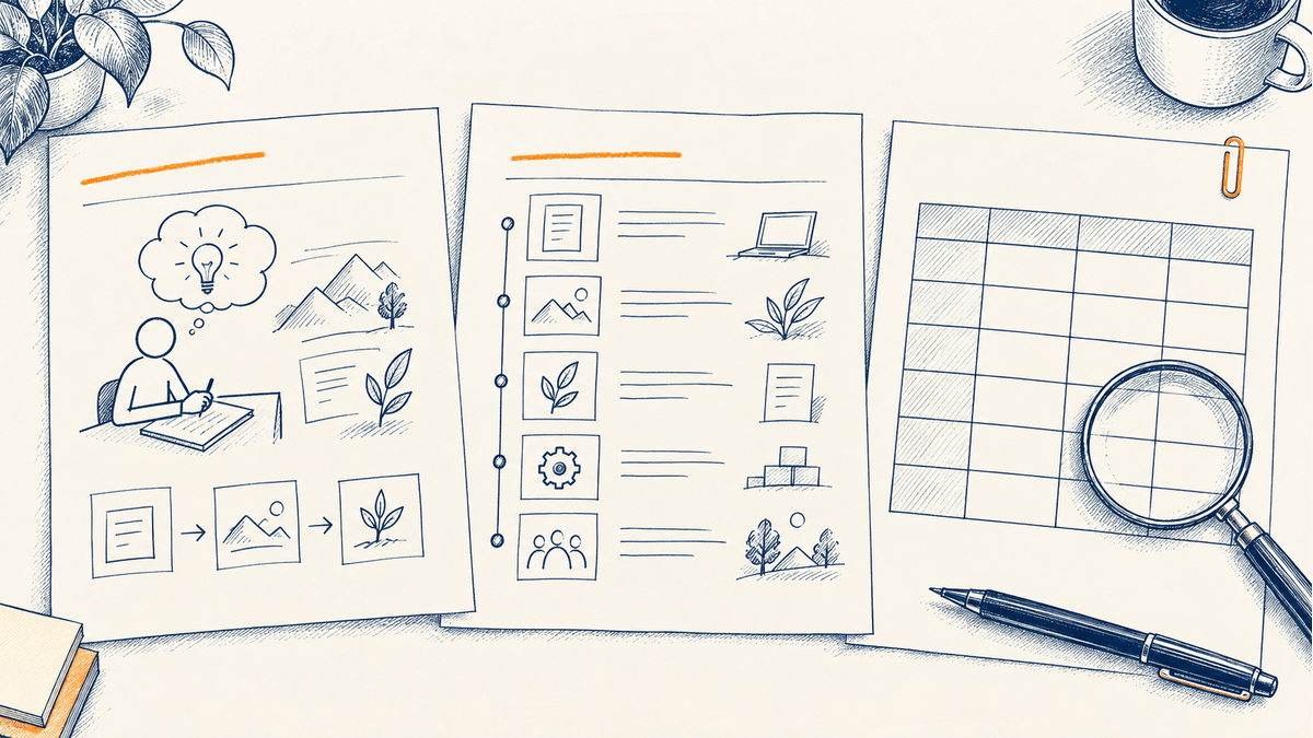 Three sheets show a proposed learner task, a worked planning example, and a review-criteria grid examined with a magnifying glass