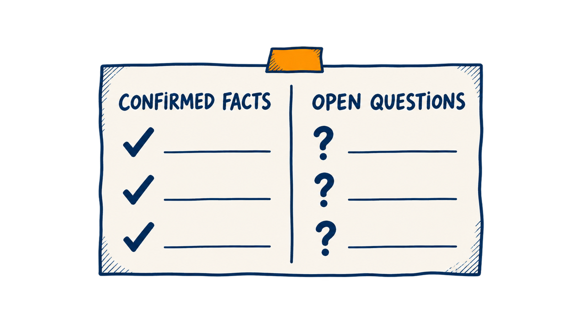 A status note separates confirmed facts marked with checks from open questions marked with question symbols