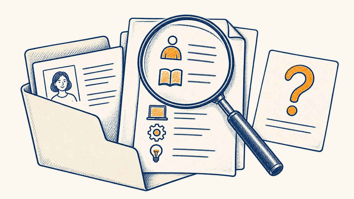 A folder of course material is examined with a magnifying glass, with an open question set beside it