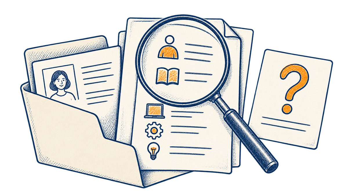 A folder of course material is examined with a magnifying glass, with an open question set beside it