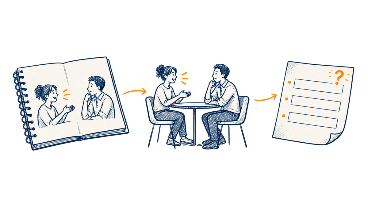 A workshop notebook leads to a two-person practice conversation and an unfinished learner worksheet