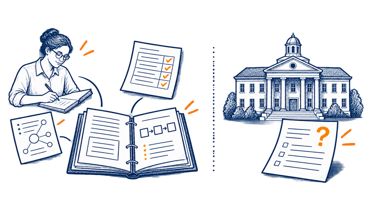 Expert notes and a planning sheet form a course packet, while a separate college holds its own review document