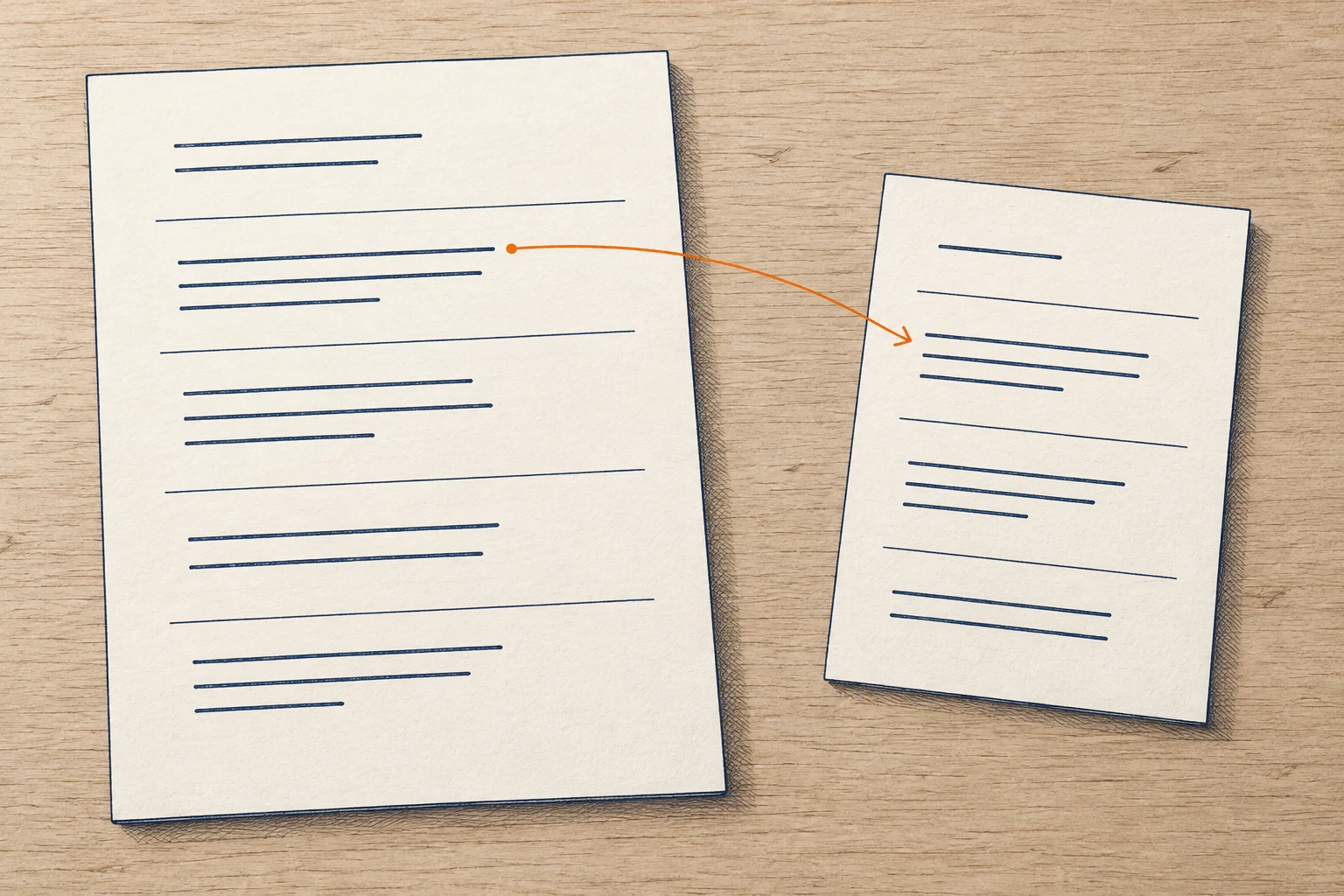 A course fact sheet connects by a fine annotation line to a shorter learner-facing description card
