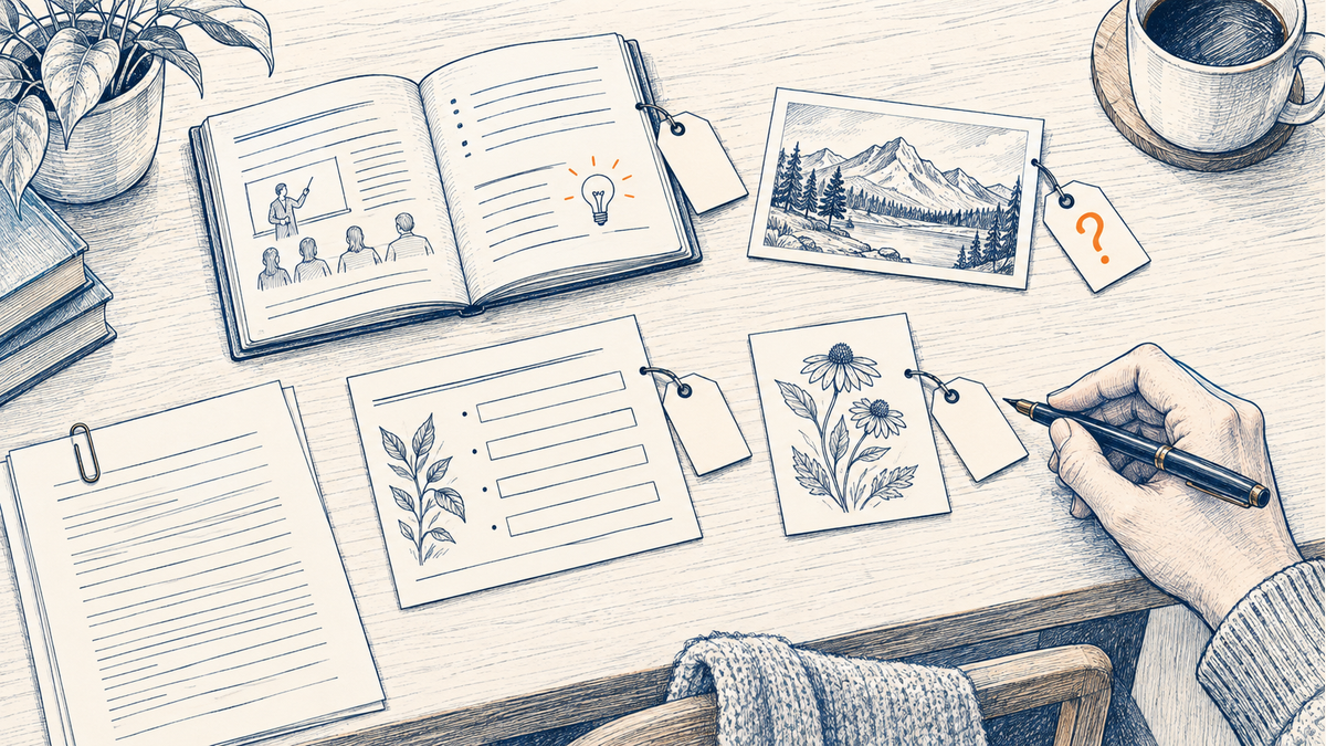 A hand reviews separate notebook, photograph, worksheet, and illustration cards beside an agreement page and open question tags