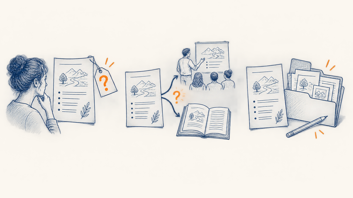 Three separate views of a lesson: its rights holder, possible workshop and book uses, and access to an editable file