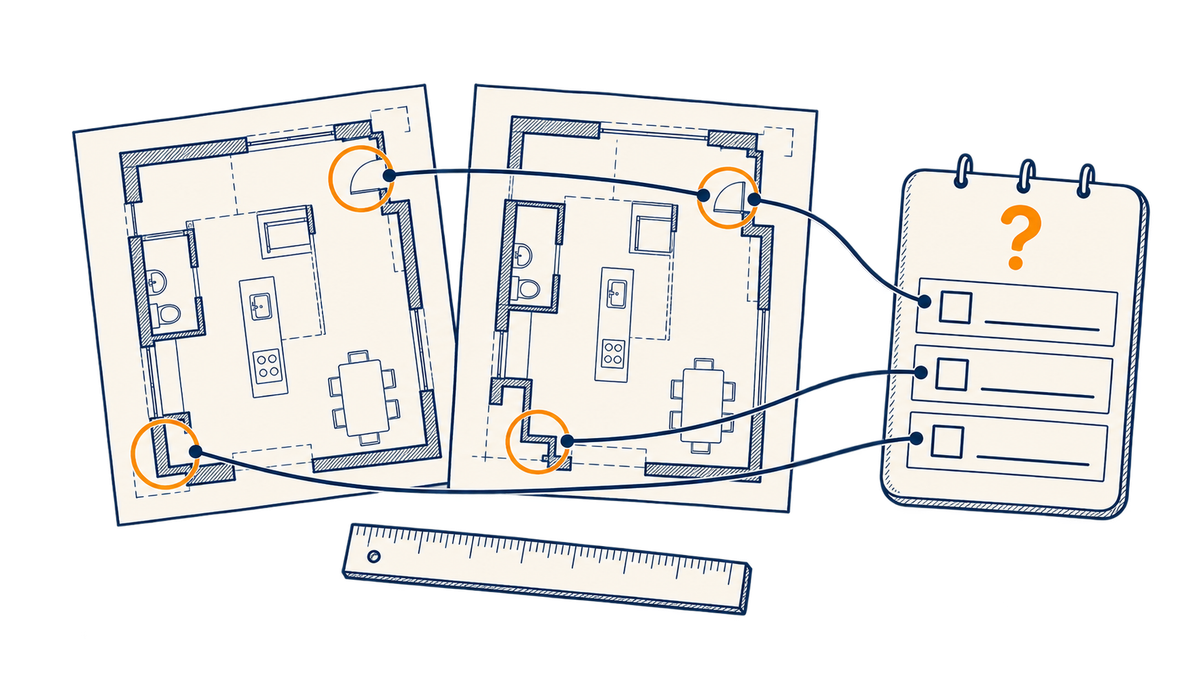 Two project scope sheets connect to a comparison and clarification log.