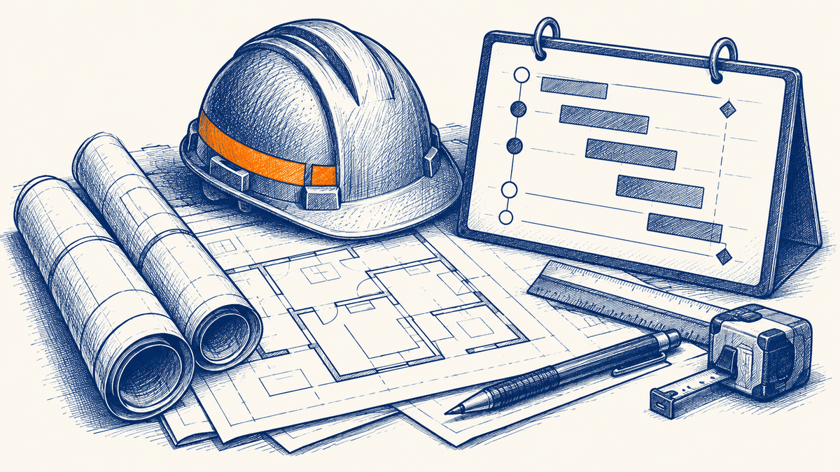 A hand-drawn site plan, hard hat and project-sequence board on cream paper.