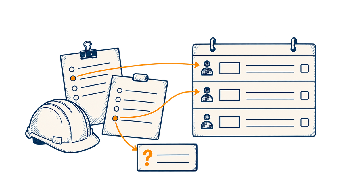 Meeting notes connect to a weekly action log beside a construction hardhat.
