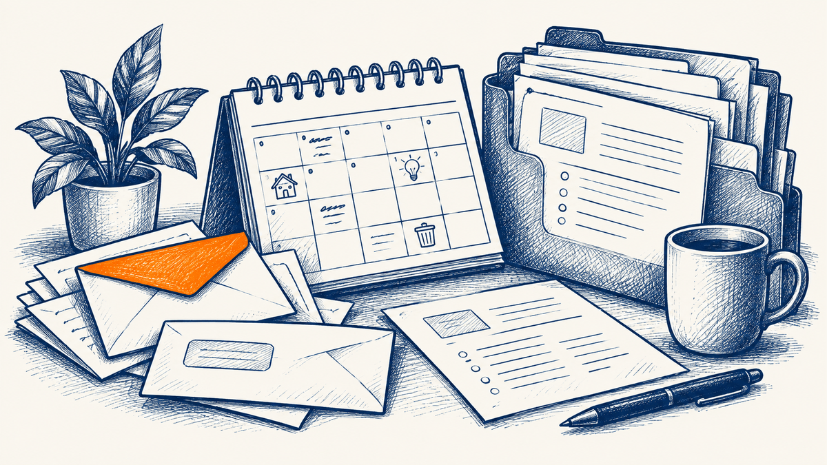A hand-drawn bill calendar, household records folder and checklist on cream paper.