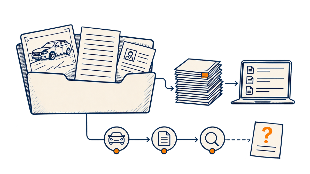 Documents from an evidence folder connect to a chronology with an unresolved question.