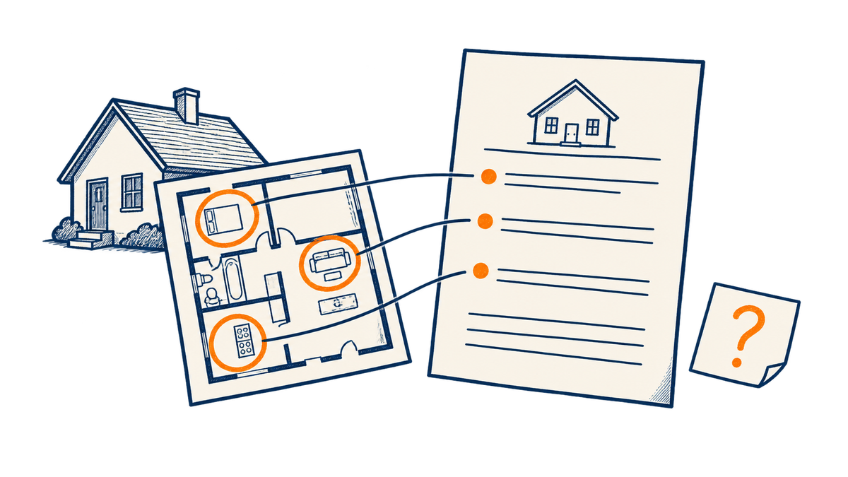 A property fact sheet connects to a listing draft with a question left for review.