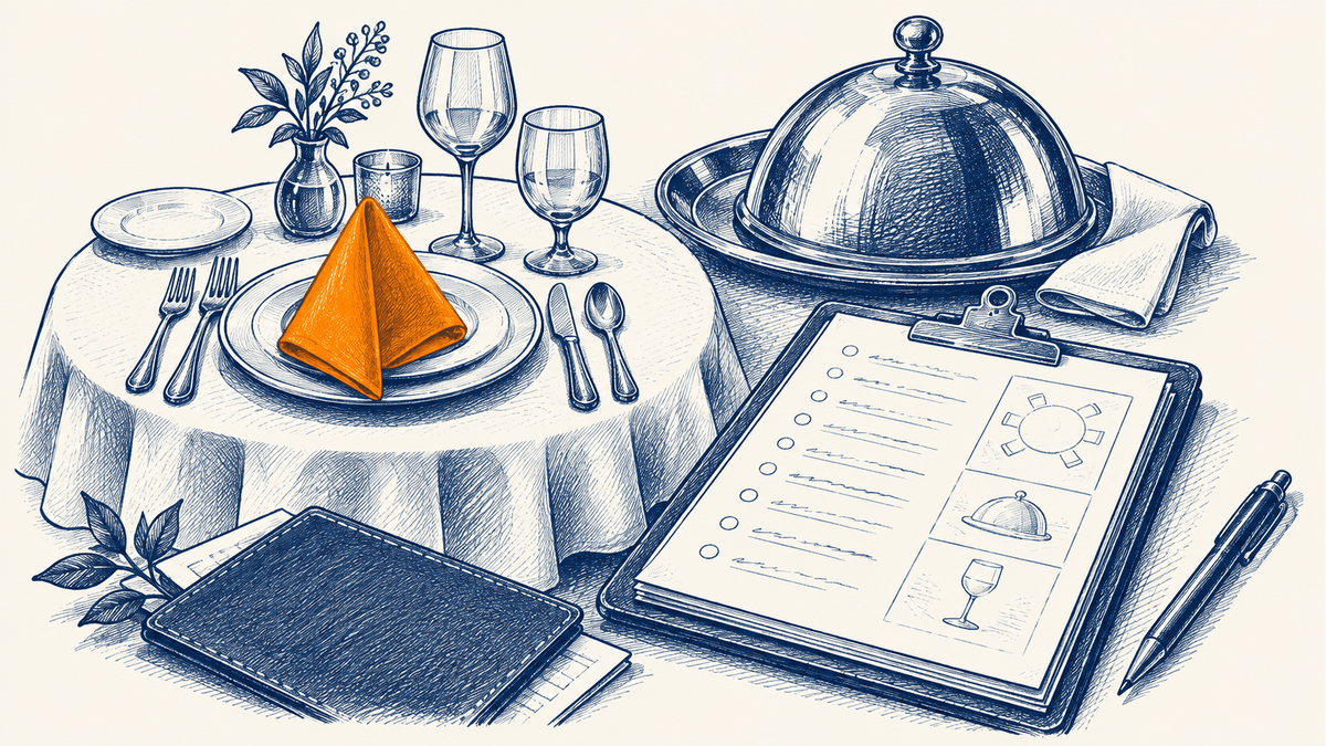 A hand-drawn table layout, service tray and shift-plan clipboard on cream paper.