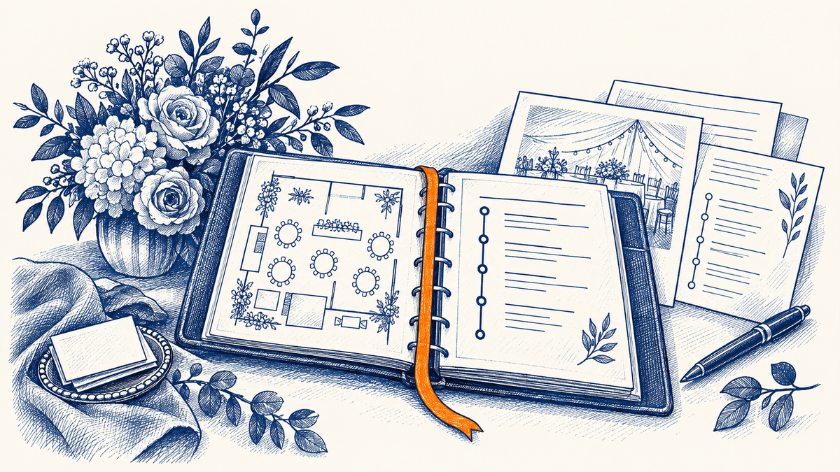 A hand-drawn event floor plan, flower vase and event-day timeline on cream paper.